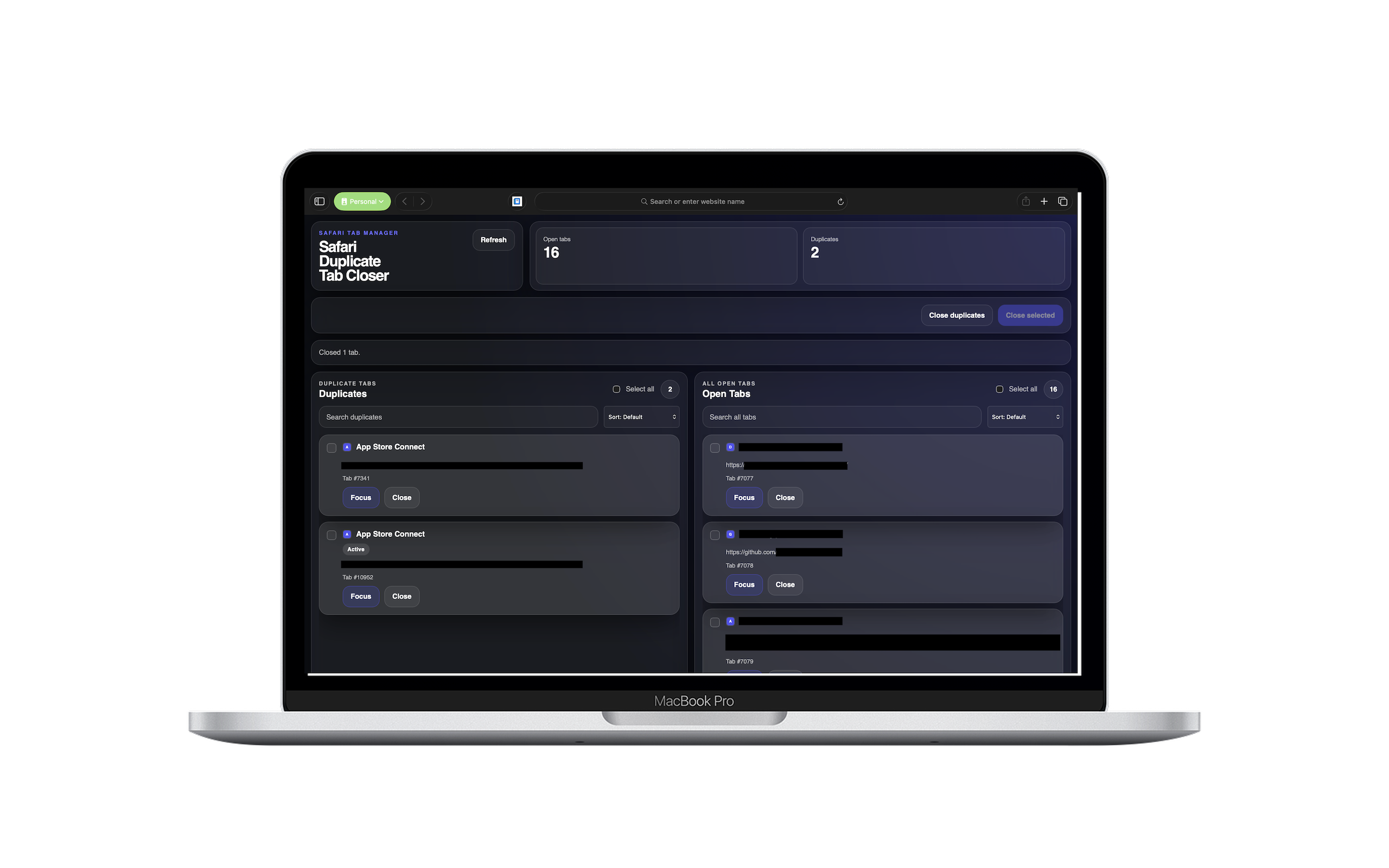 App Store preview of Safari Duplicate Tab Closer on desktop